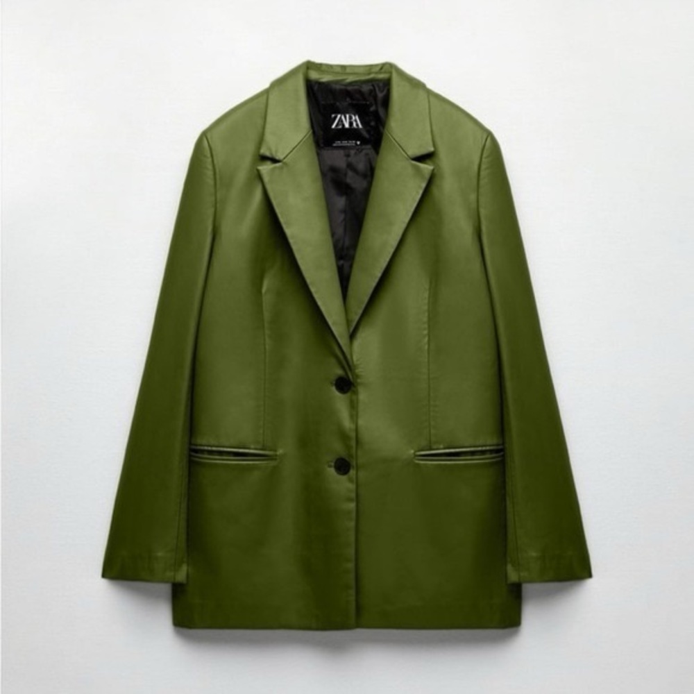 ZARA Olive Green Faux Leather Blazer Jacket